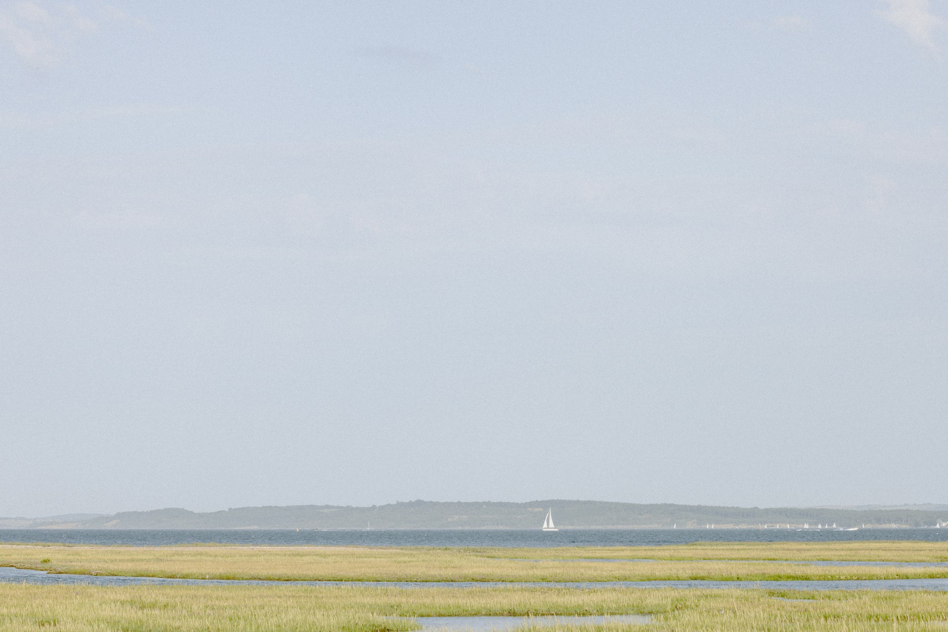 image of a landscape; bottom of the image is green grass; center of image is horizon line of a body of water with one single boat with a white flag; top of the image (takes up 2/3 of the composition) is a light blue clear sky